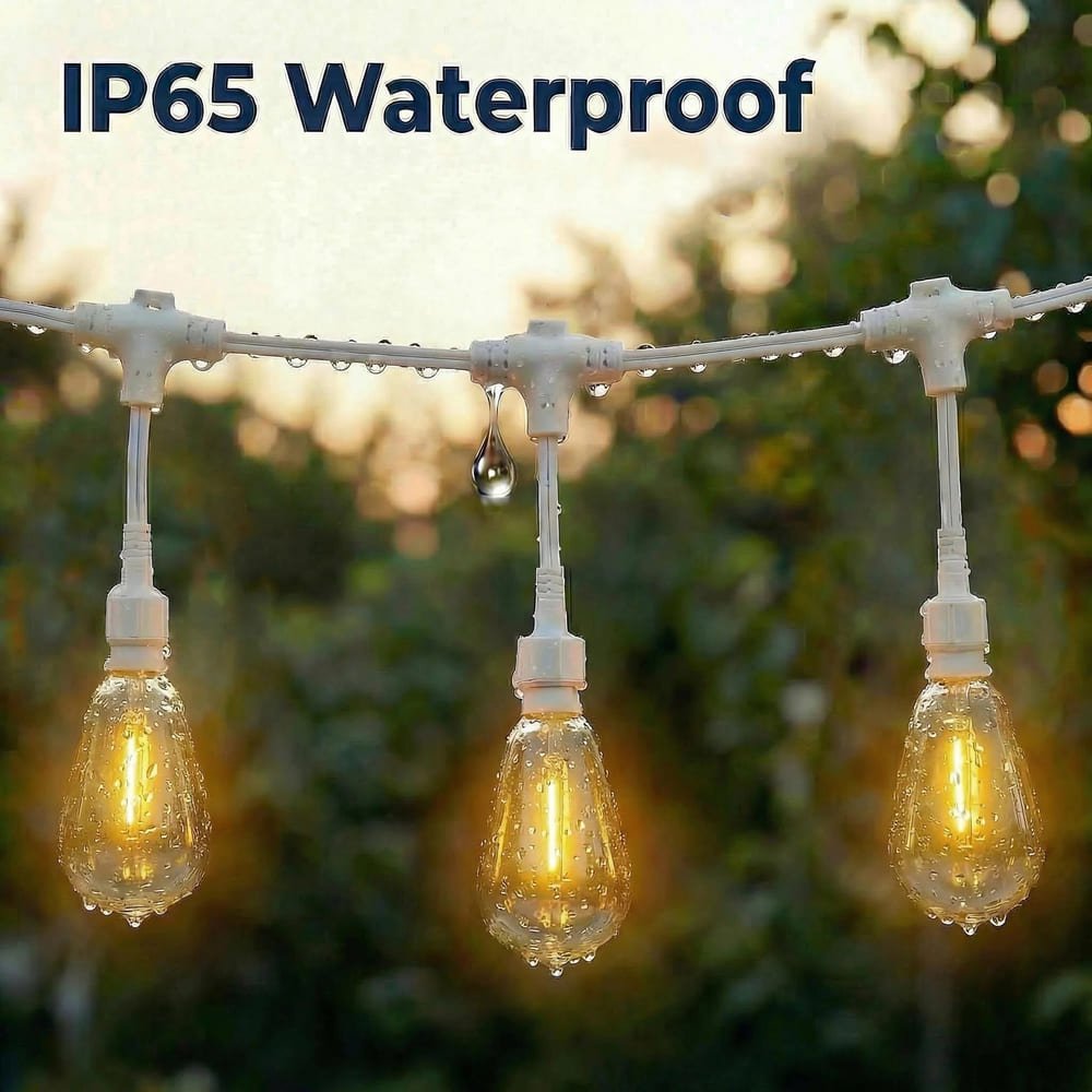 IP65 waterproof S14 commercial string lights covered in water droplets showing weather resistance
