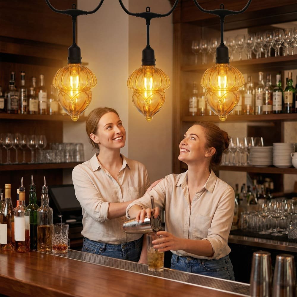 Vintage amber gourd LED string lights illuminating a bar counter for commercial atmosphere