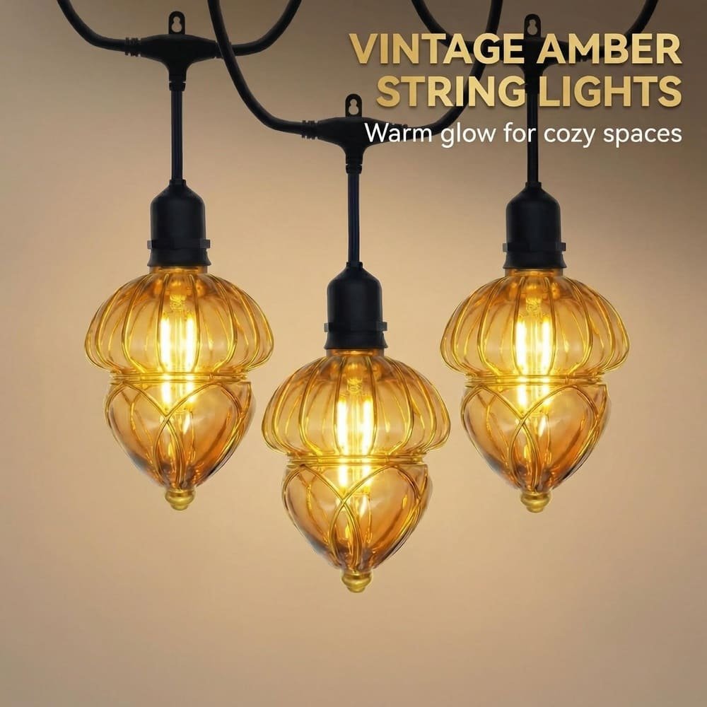 Lit vintage amber gourd string lights creating a warm glow for cozy spaces