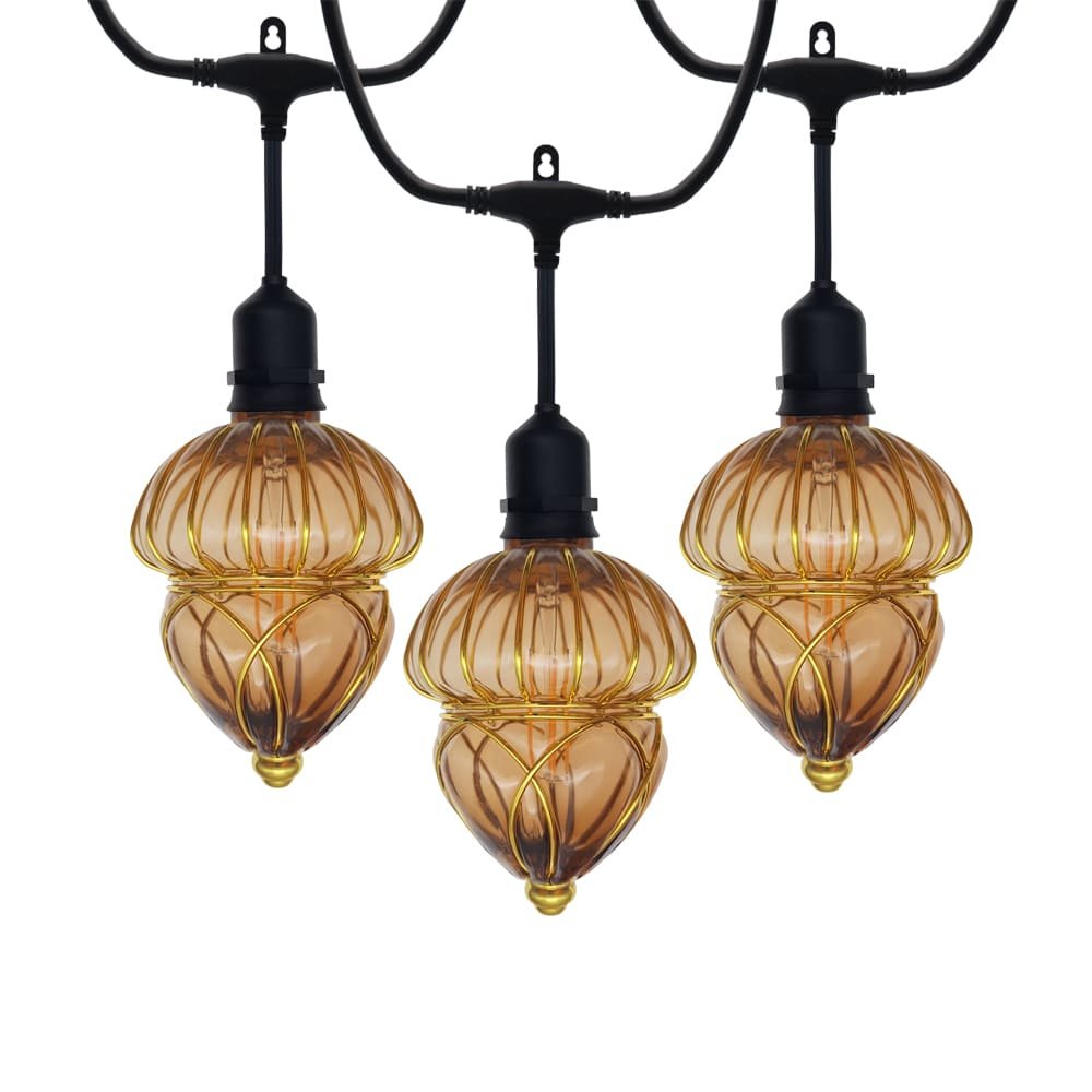 Unlit vintage amber gourd LED string lights with gold wire cage design details