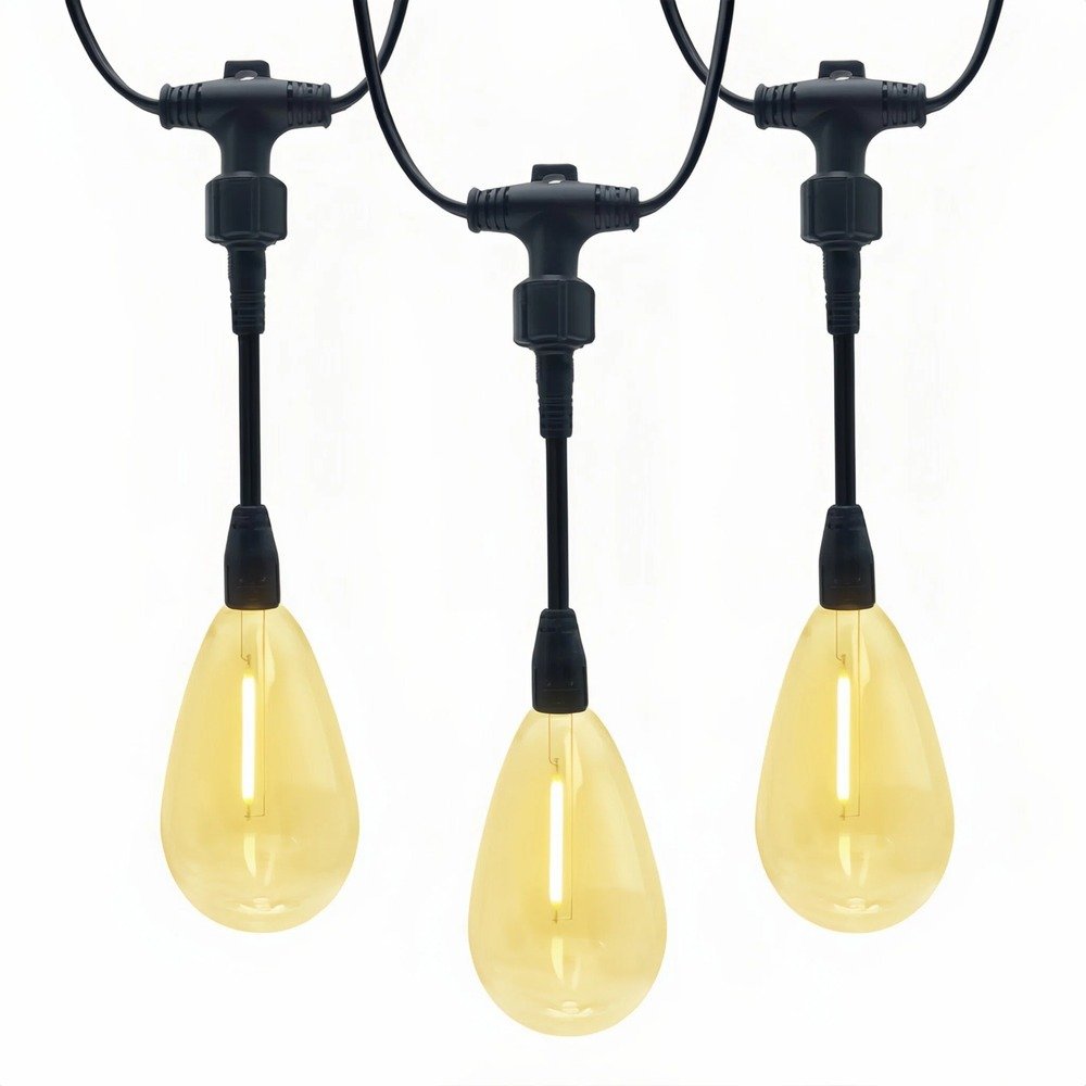 Patented IP65 modular S14 drop string lights with top screw-lock nut design