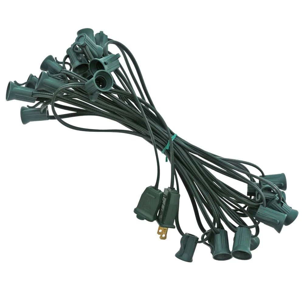 25ft commercial C7 E12 string light cord with 25 sockets green SPT-1W wire