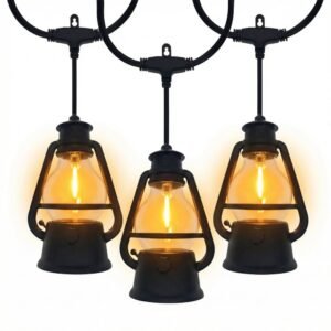 Three patented A19 vintage oil lantern string lights with warm flame LED for outdoor decor