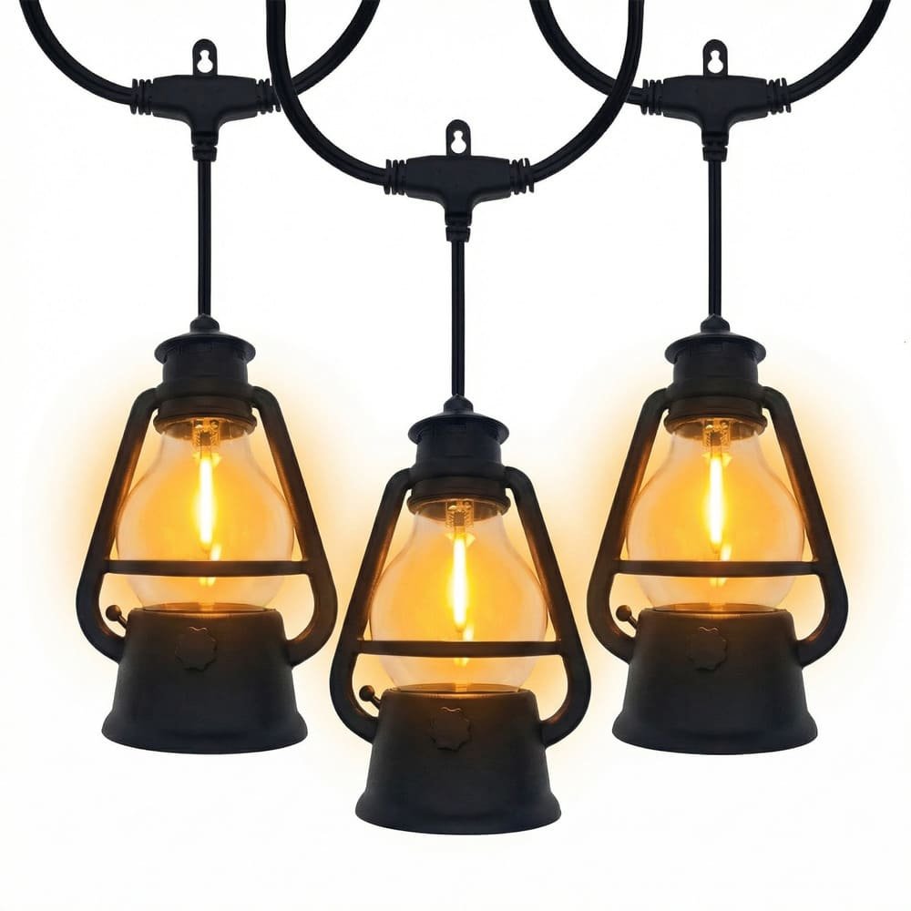 Three patented A19 vintage oil lantern string lights with warm flame LED for outdoor decor