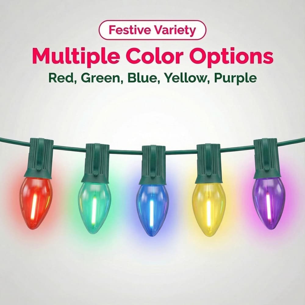 Multi-color C7 LED filament string lights with smooth bulbs in red green blue yellow purple