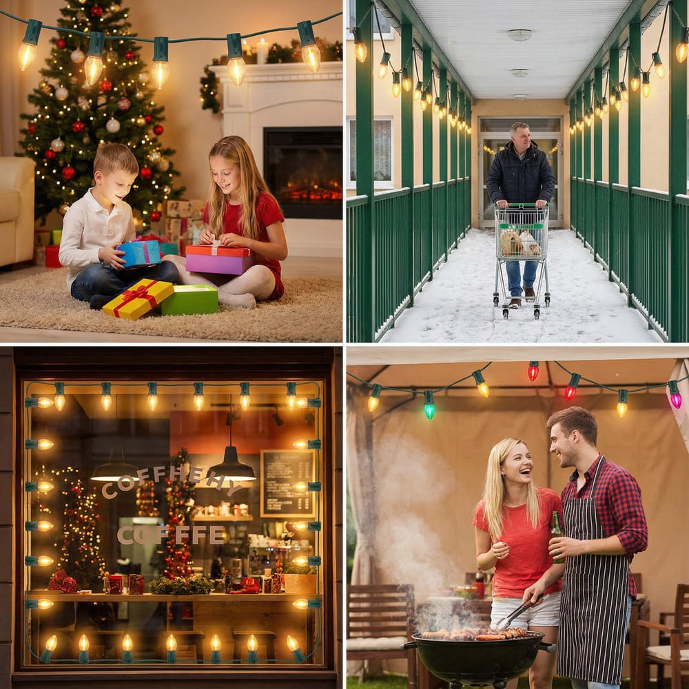 Versatile C7 LED string light applications for Christmas, commercial walkways, retail displays, and outdoor patios