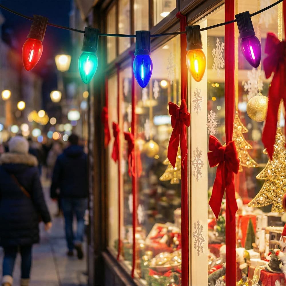 Commercial shop window display with multicolor C7 LED filament string lights