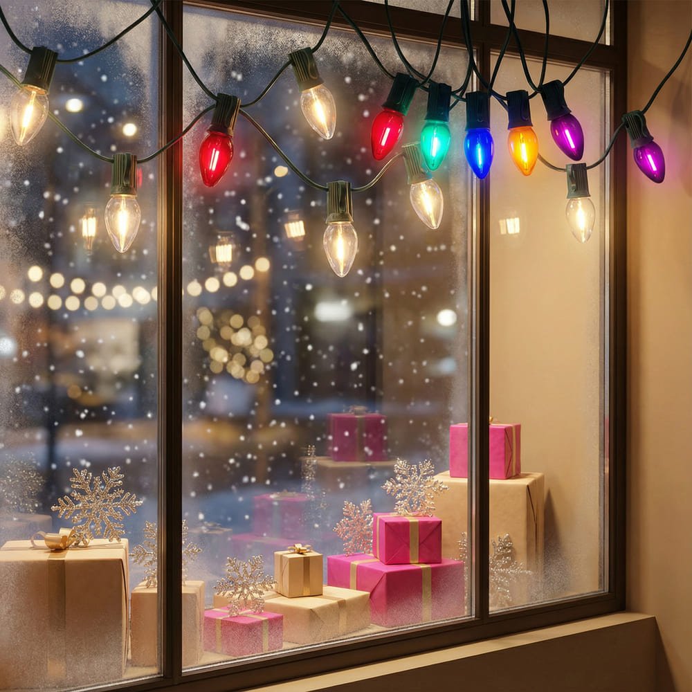 Festive window display featuring commercial C7 LED string lights with multicolor and warm white bulbs