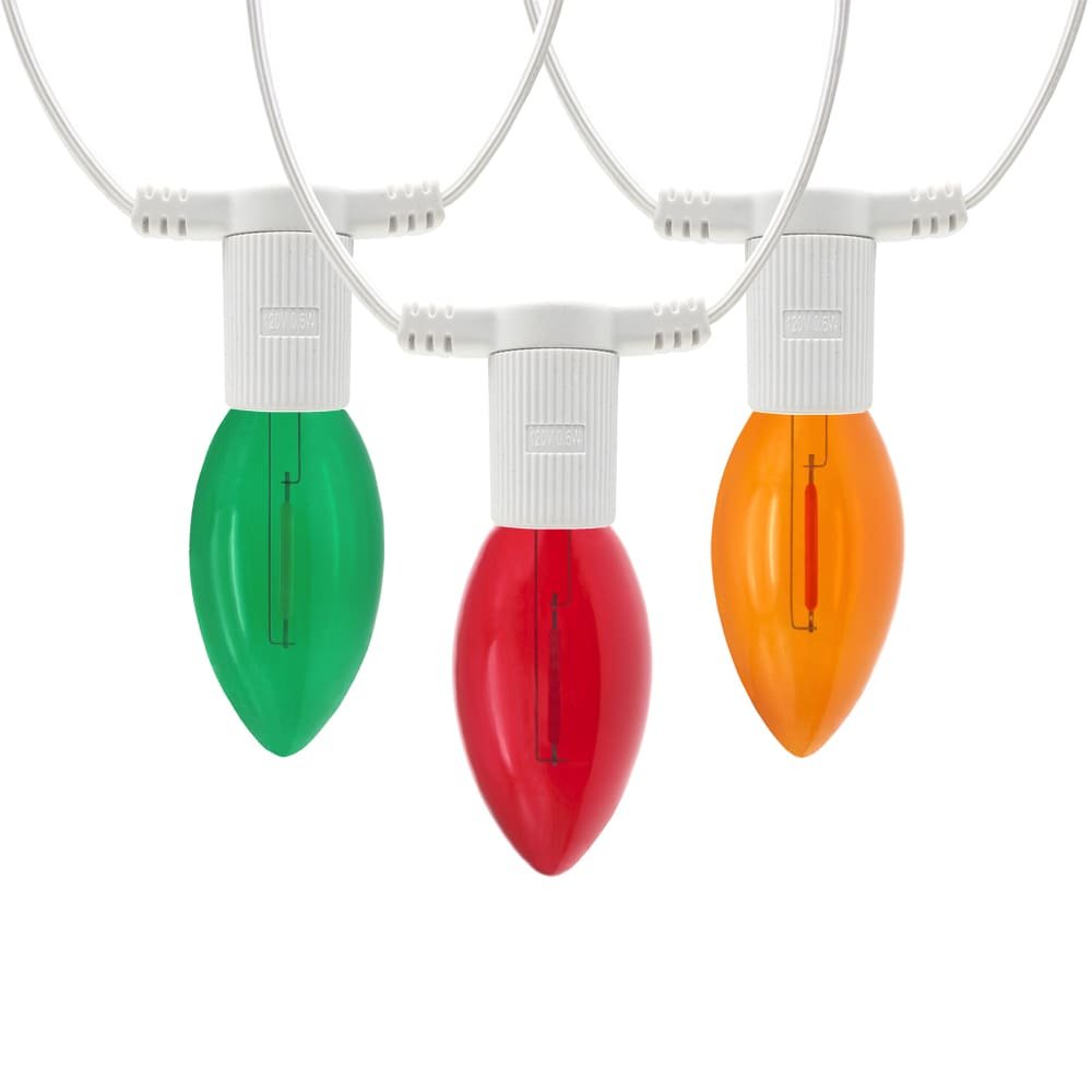 Multicolor C9 LED filament string lights with green, red, and orange bulbs on white wire