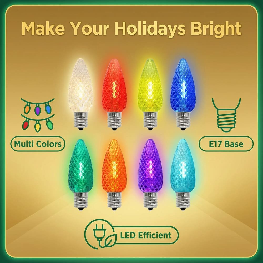 Energy efficient multicolor faceted C9 LED bulbs with E17 base for holiday displays