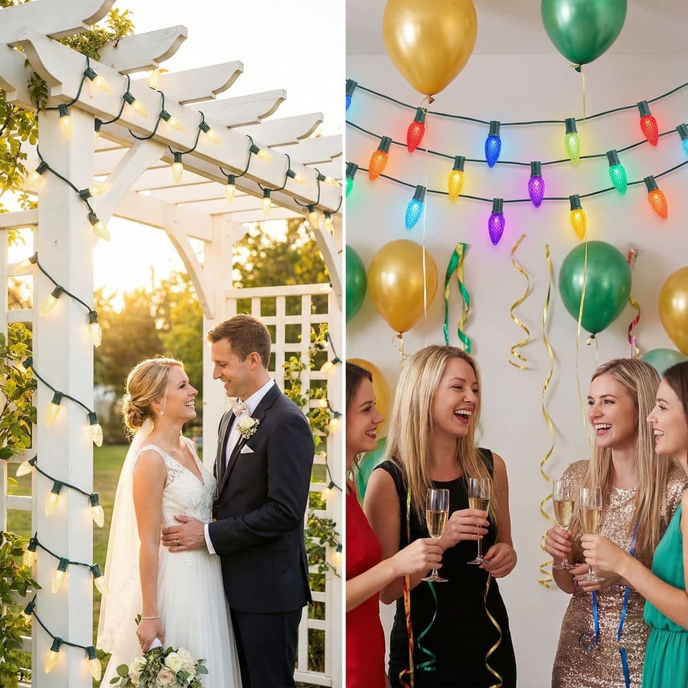 Warm white and multicolor C9 LED string lights for outdoor wedding and party decorations