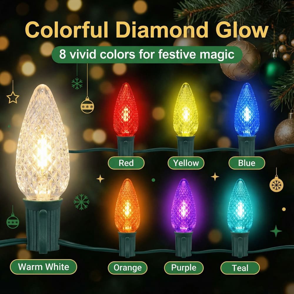 Multicolor diamond faceted C9 LED replacement bulbs displaying vivid festive lighting colors