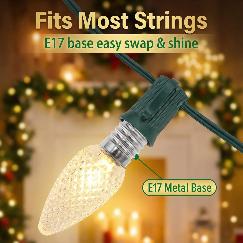 Warm white faceted C9 LED replacement bulb with E17 base in green string socket