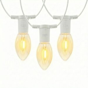 Commercial grade C9 LED filament string lights on white wire for festive roofline displays