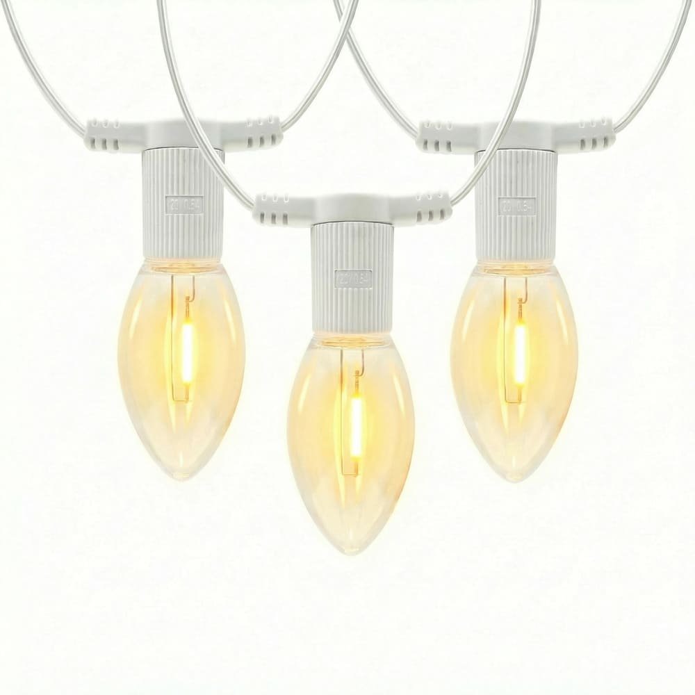 Commercial grade C9 LED filament string lights on white wire for festive roofline displays