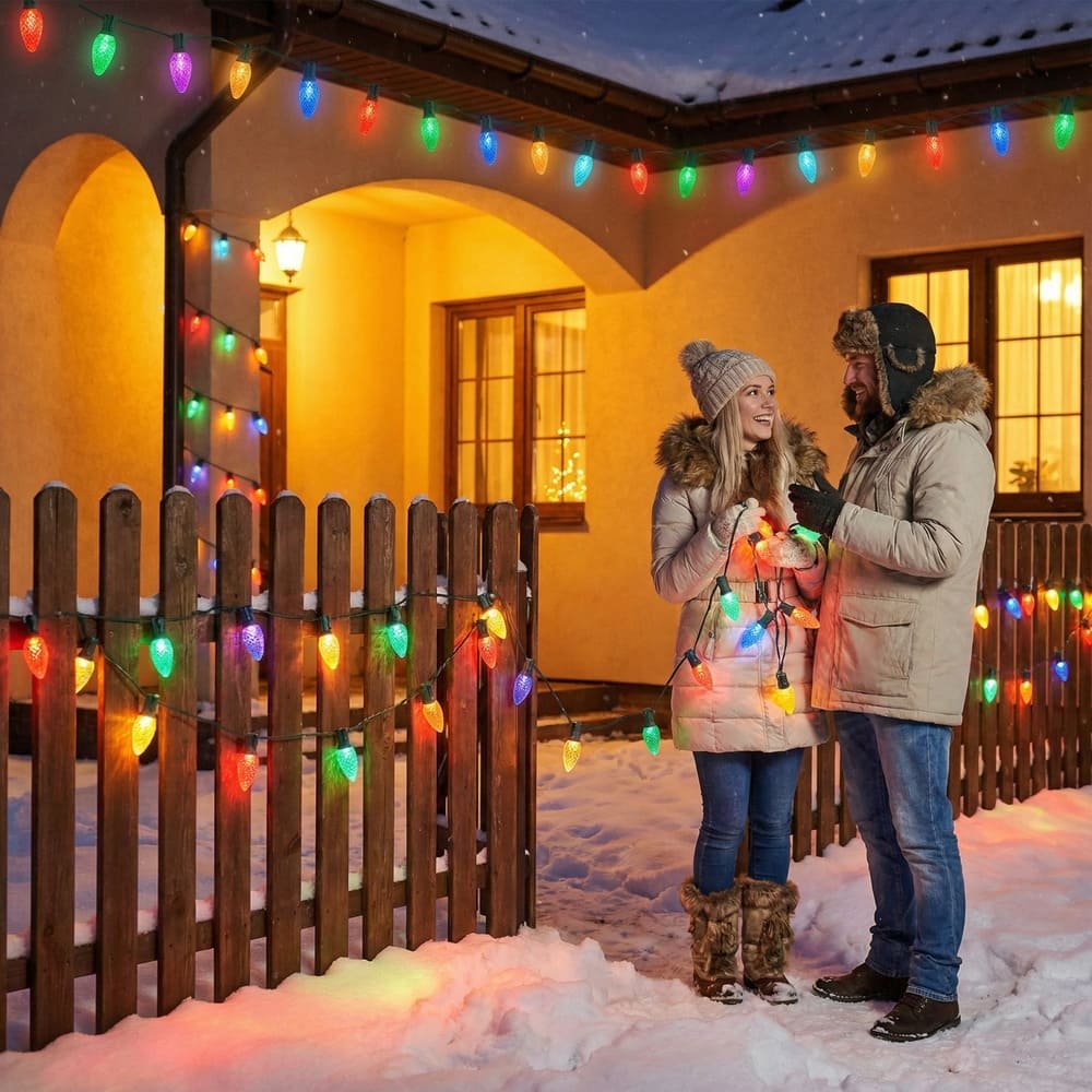 Outdoor waterproof multicolor C9 LED string lights decorating house roof and fence during winter