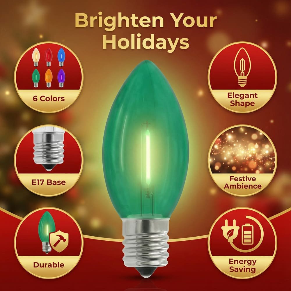 Green C9 LED bulb infographic highlighting E17 base, shatterproof design, and energy efficiency