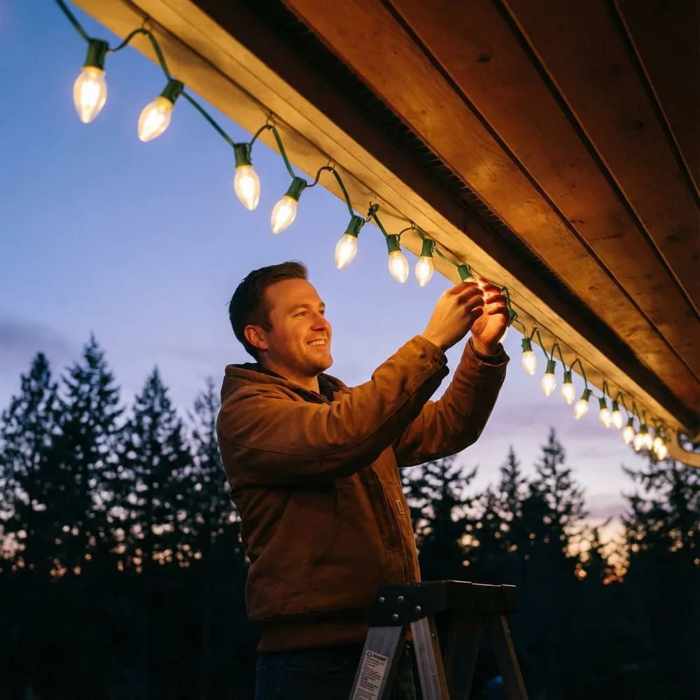 Man installing warm white C9 LED string lights on roof eaves for holiday decoration