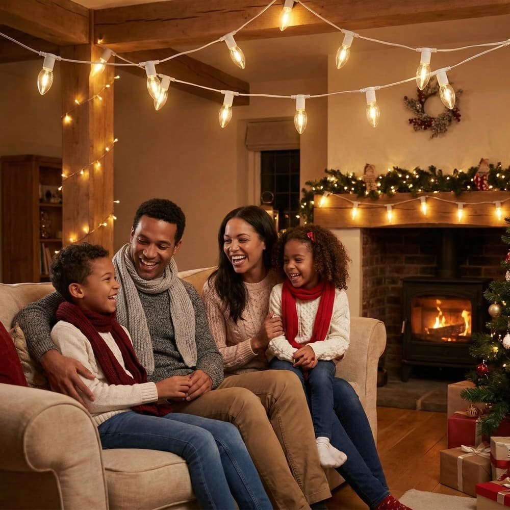 Warm white C9 LED string lights decorating indoor living room for family holiday celebration