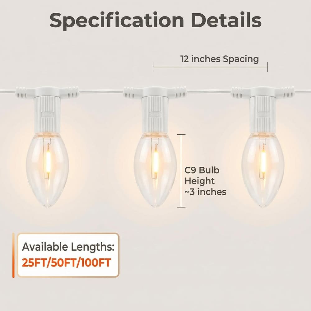 C9 LED string light specifications showing 12-inch spacing, bulb height, and available lengths