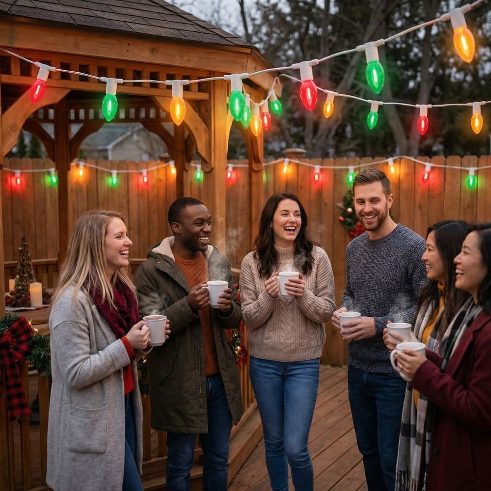 Colorful C9 LED string lights illuminating outdoor gazebo for festive winter holiday gathering