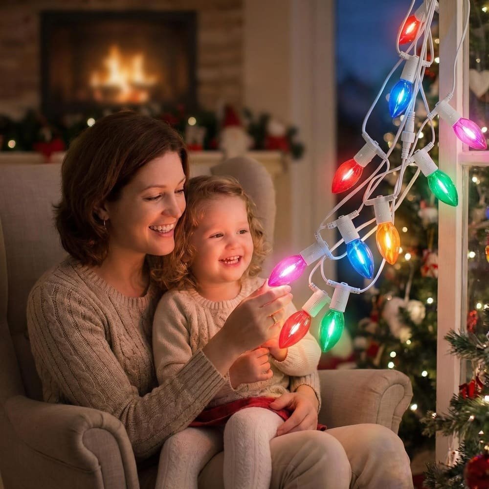 Multi-color C9 LED string lights creating festive atmosphere for indoor family Christmas decoration