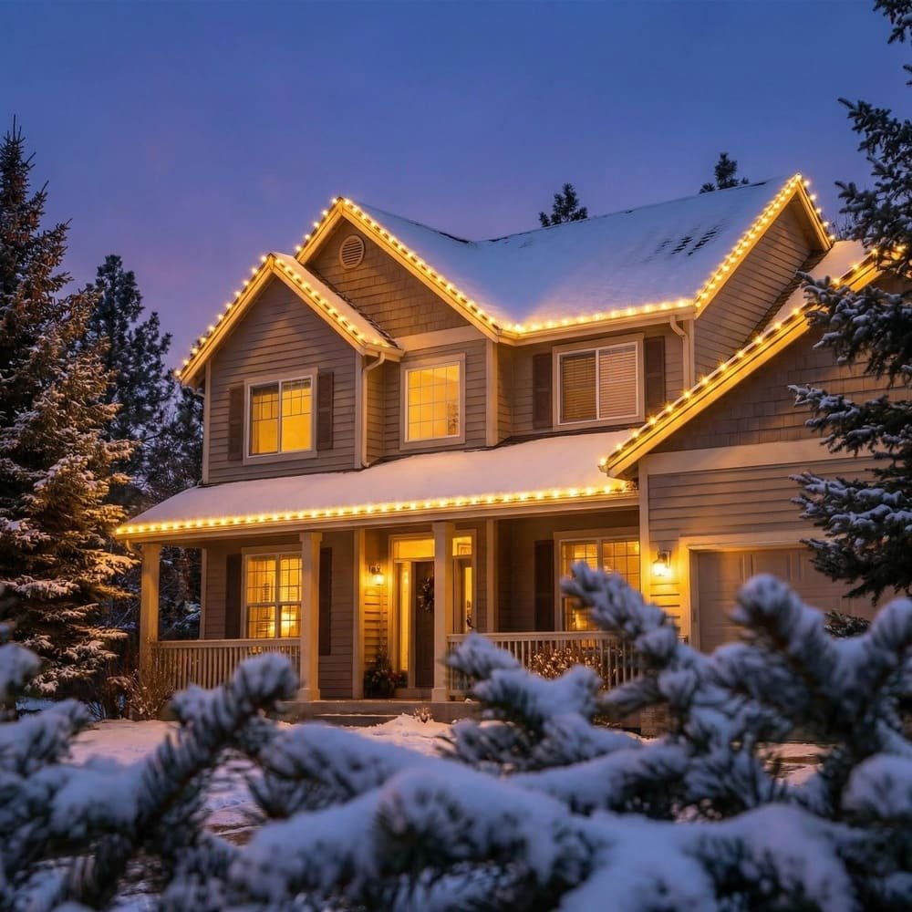 Warm white C9 LED string lights outlining snowy house roofline for winter holiday decoration