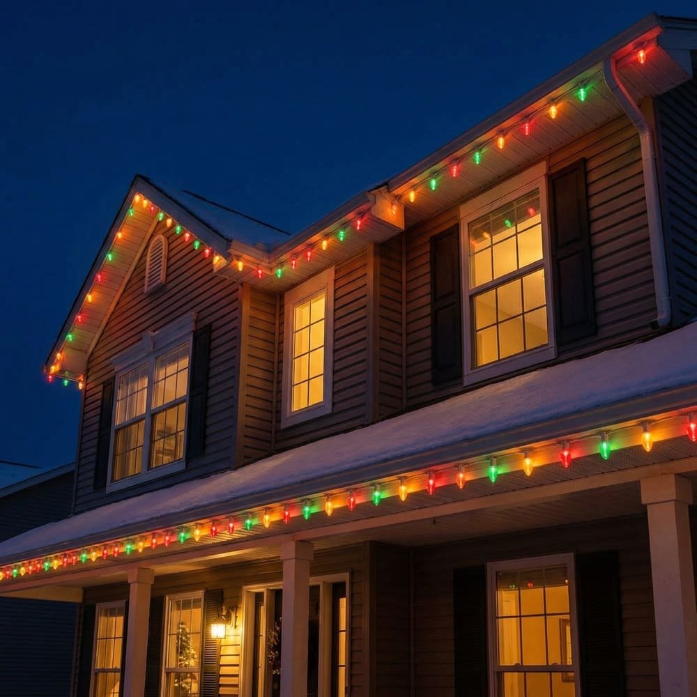 Multi-color C9 LED string lights lining house roofline for festive holiday outdoor decoration