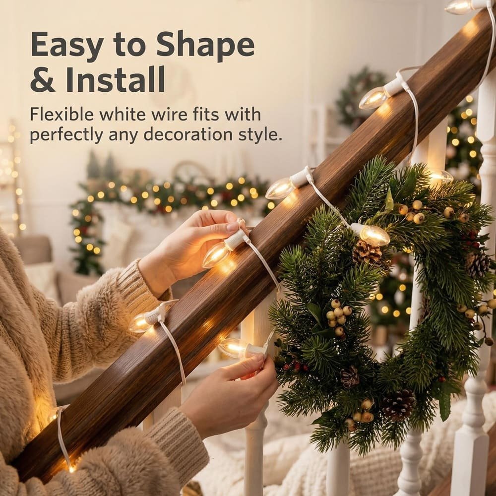 Flexible white wire C9 LED string lights installed on staircase railing for holiday decoration