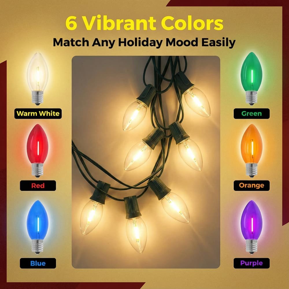 Six vibrant color options for C9 LED filament bulbs for festive holiday lighting