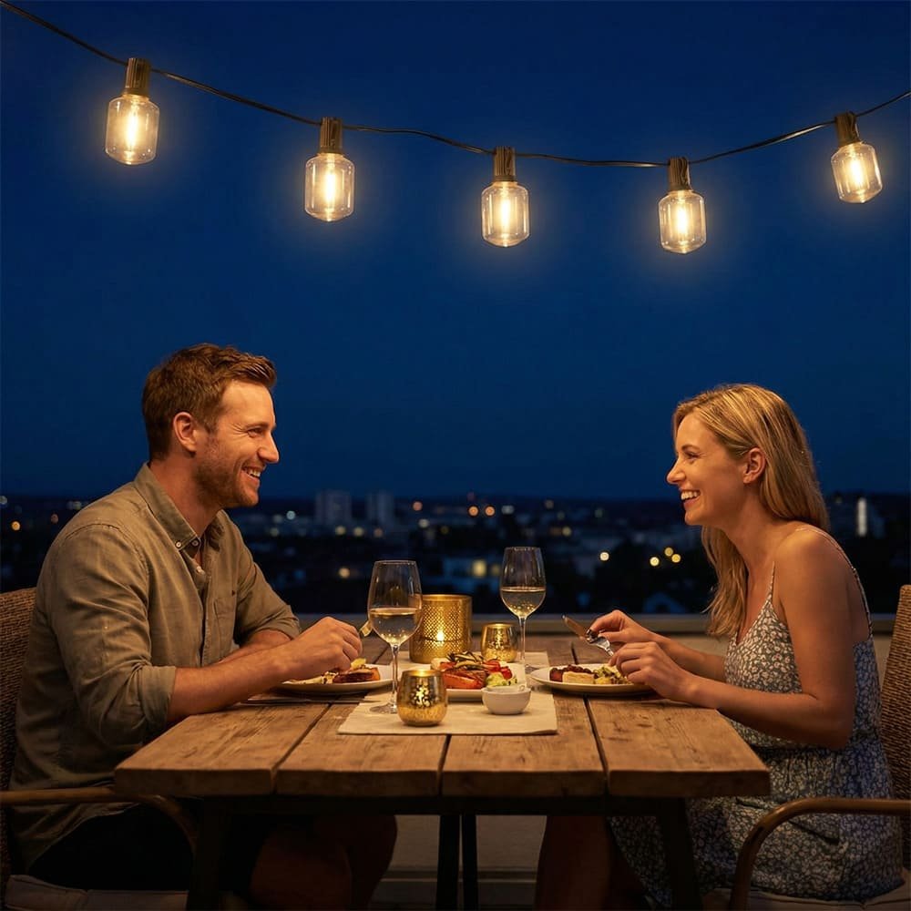 Romantic outdoor dining illuminated by durable warm white cube LED string lights for patio decor