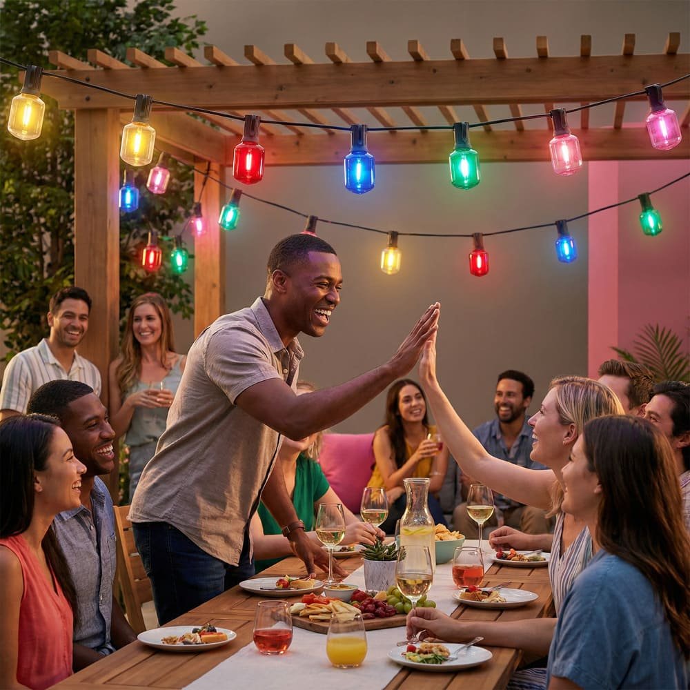 Festive multicolor cube LED string lights illuminating outdoor patio party for commercial event decor