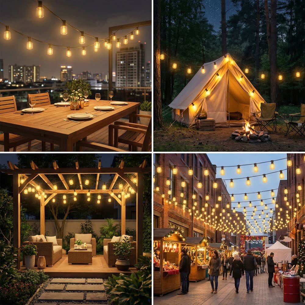 Commercial warm white LED string lights applied in patios, camping, gardens, and street markets