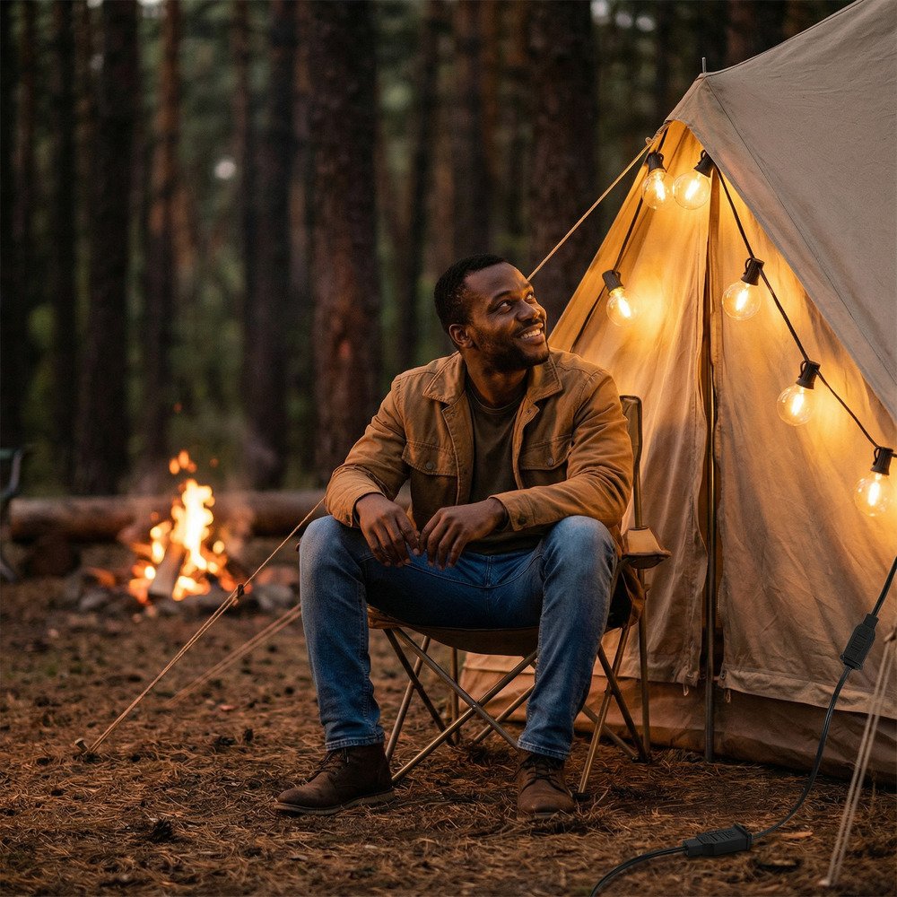 Man camping in forest with tent illuminated by G40 LED string lights