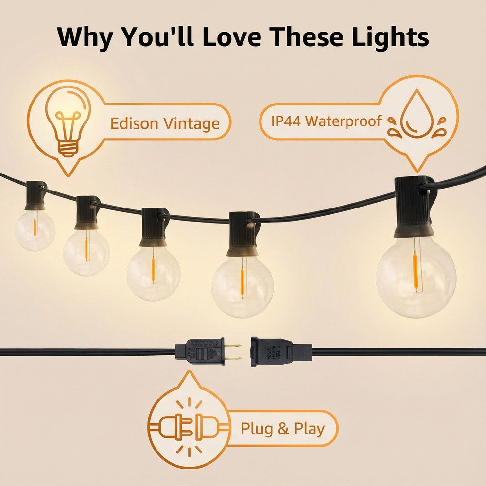 Vintage Edison G40 string lights infographic featuring IP44 waterproof rating and plug and play connectors