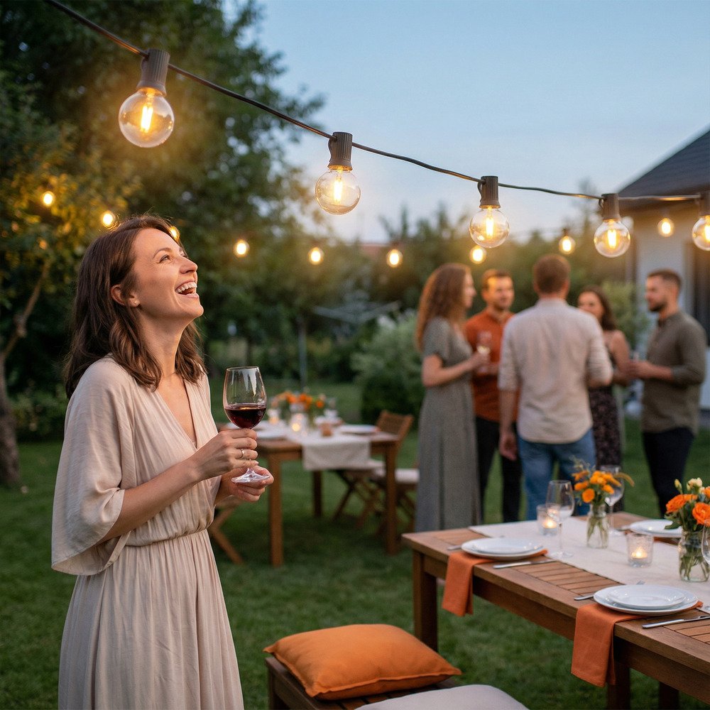 Woman enjoying outdoor garden party illuminated by hanging warm white G40 LED string lights