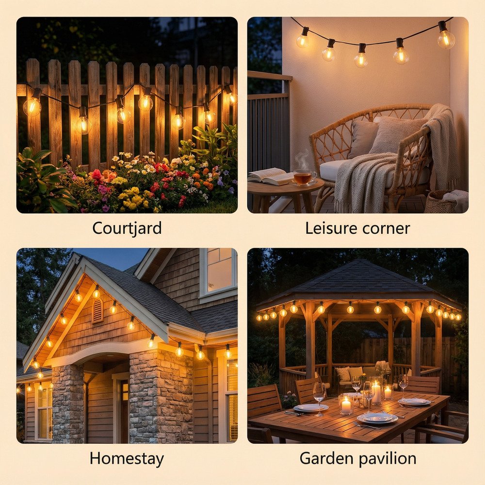 Four application scenes for outdoor waterproof G40 LED string lights in courtyard and pavilion