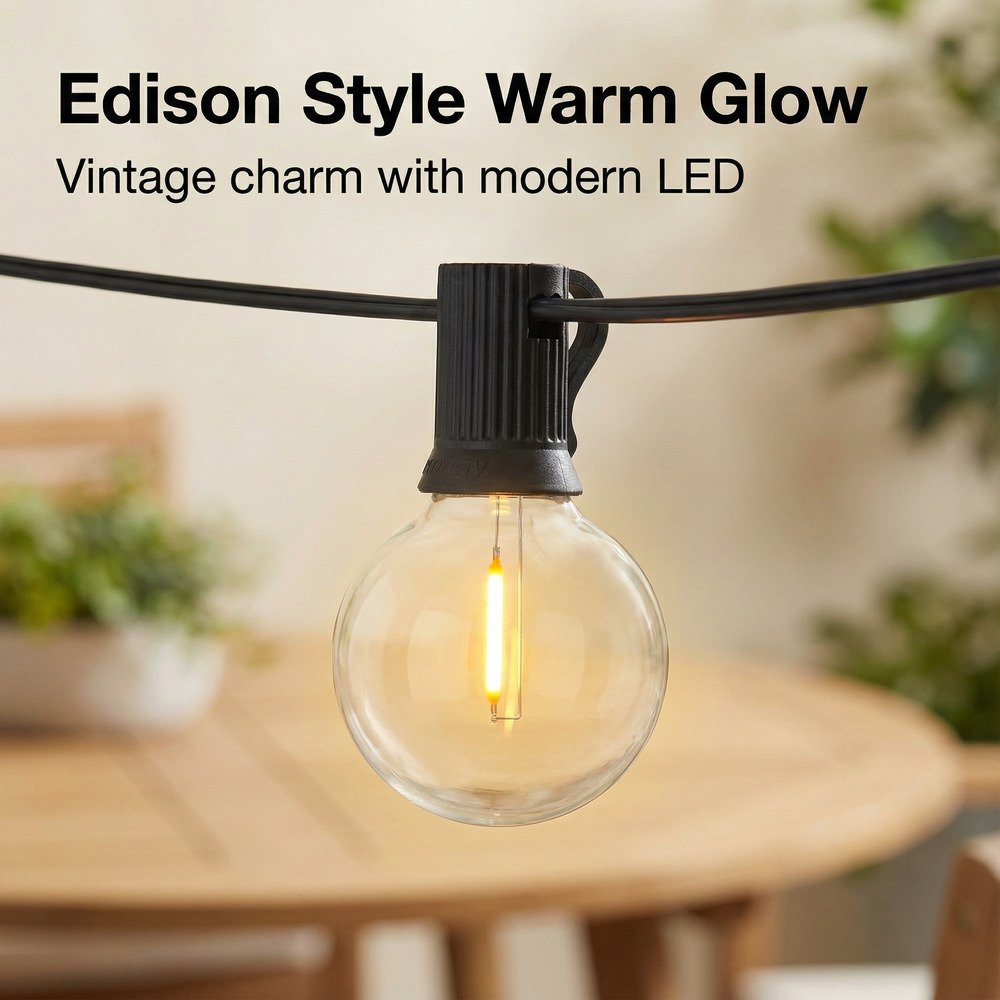 Warm white Edison style G40 LED filament bulb on outdoor commercial string light