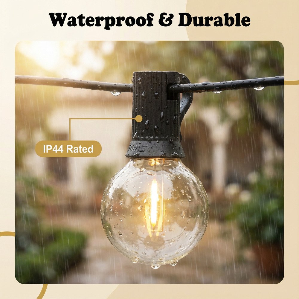 IP44 waterproof rated G40 LED string light bulb hanging in rain showing outdoor durability