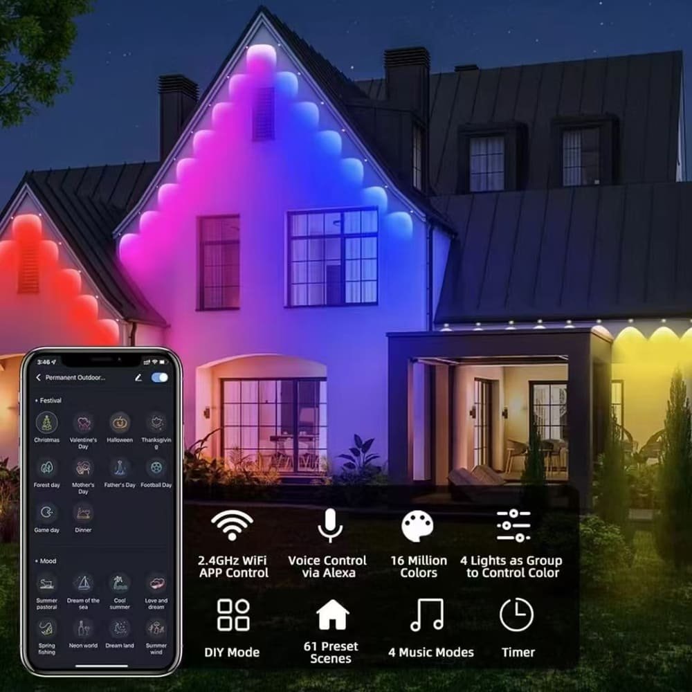 Smart permanent outdoor eaves lights with mobile app control, voice support, and RGBWIC colors