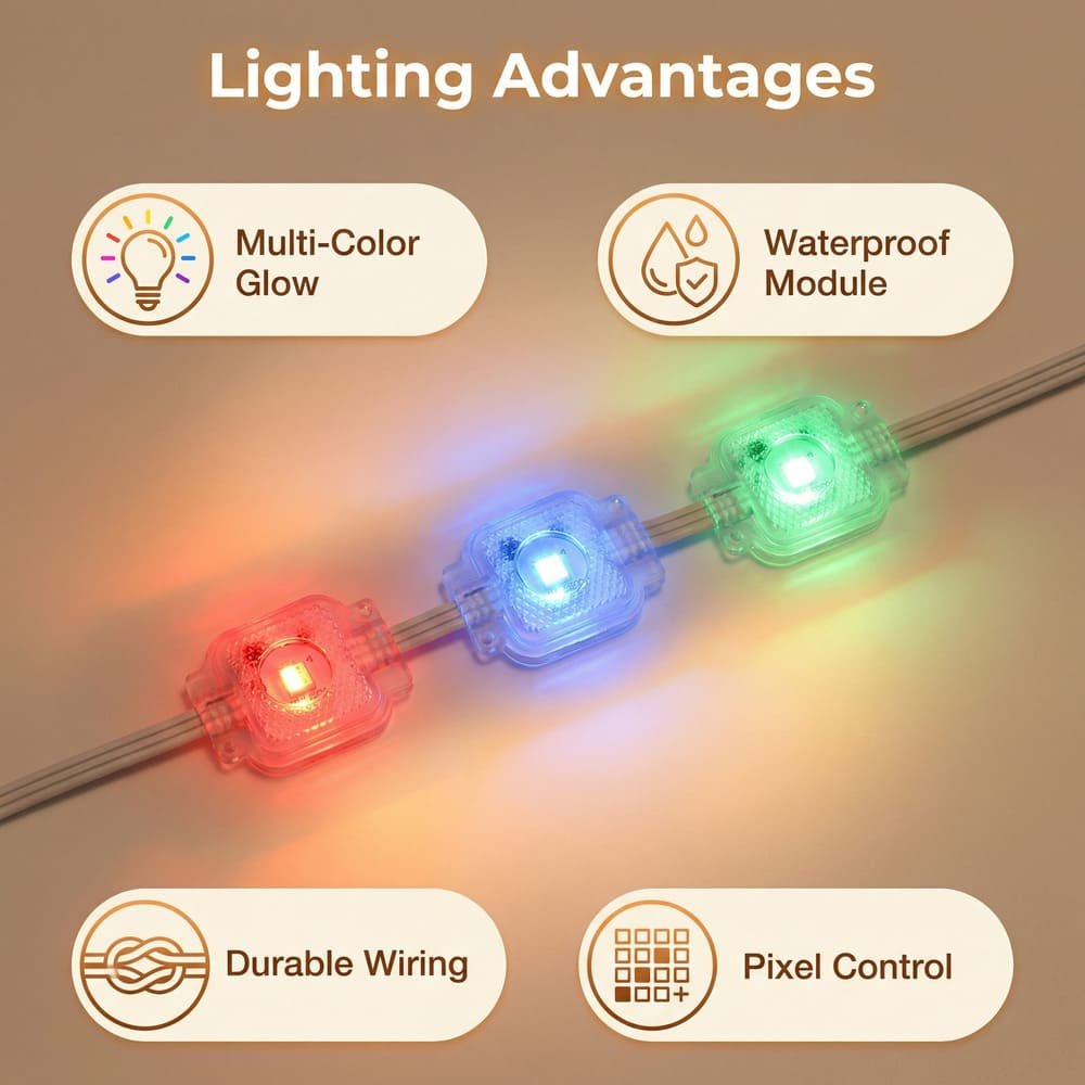 Diagram showing RGBWIC string light advantages: multi-color, waterproof, durable wiring, pixel control