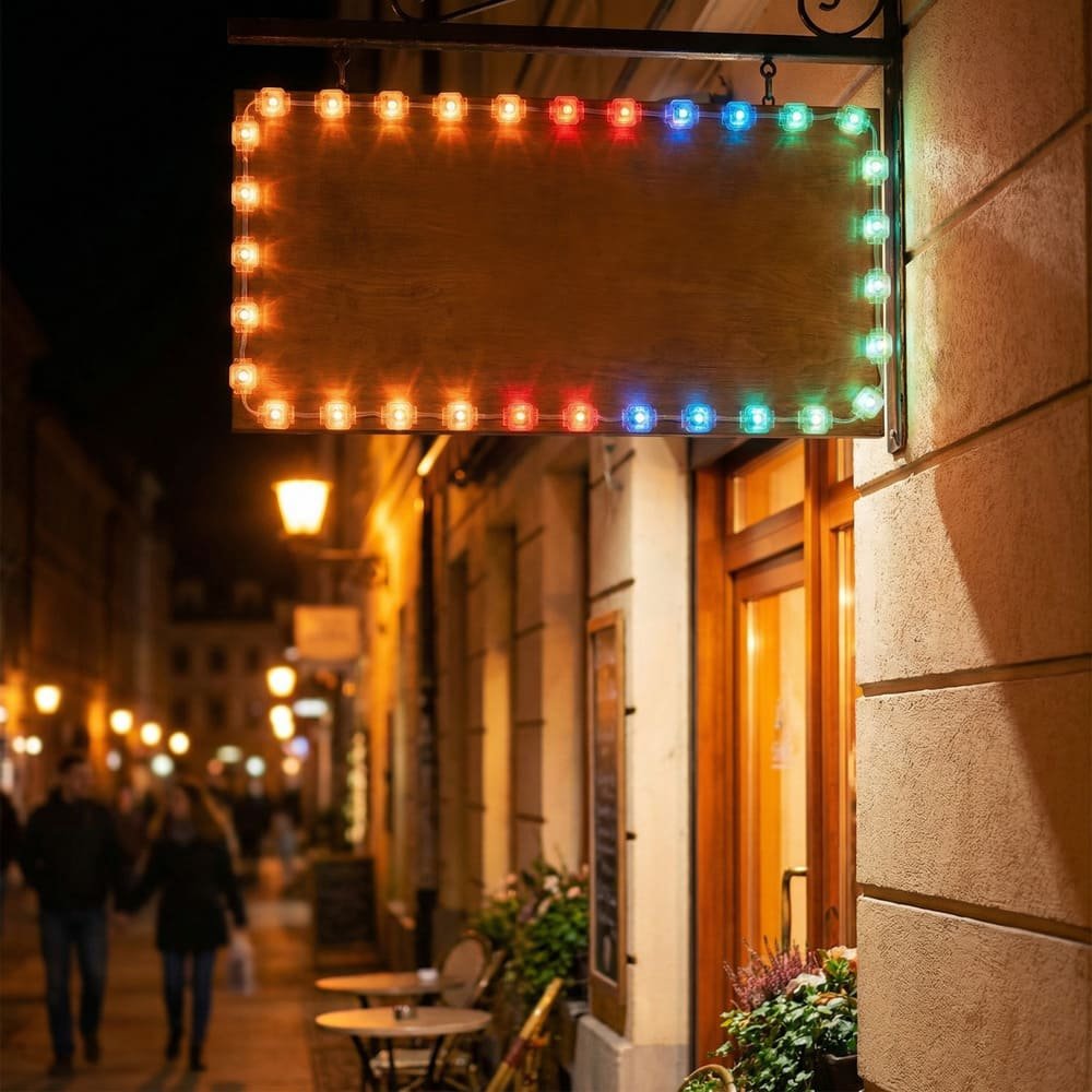 Commercial RGB permanent LED module lights illuminating a shop signboard outdoors