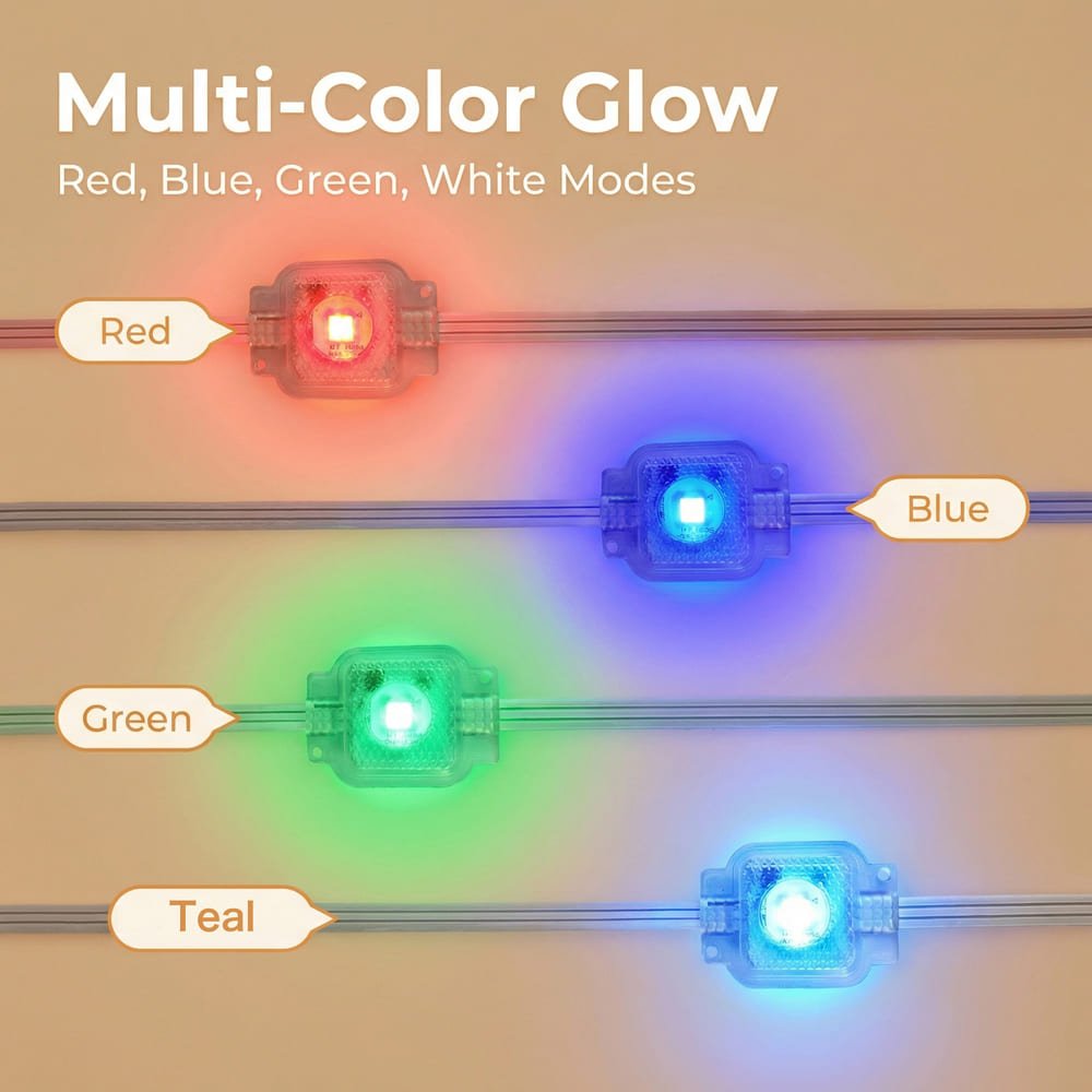RGBWIC LED string light modules glowing in red blue green and teal colors