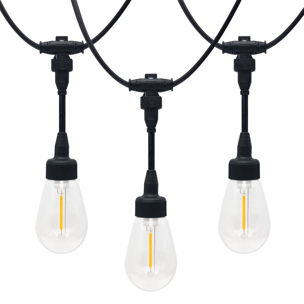 Patented commercial string lights featuring modular snap-lock drops and waterproof S14 filament LED bulbs
