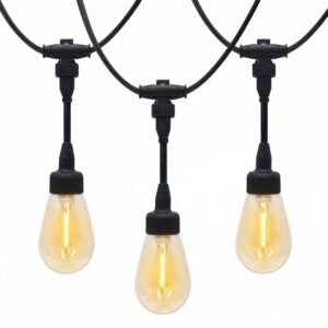 Illuminated commercial string lights featuring warm white S14 LED filament bulbs and waterproof drops