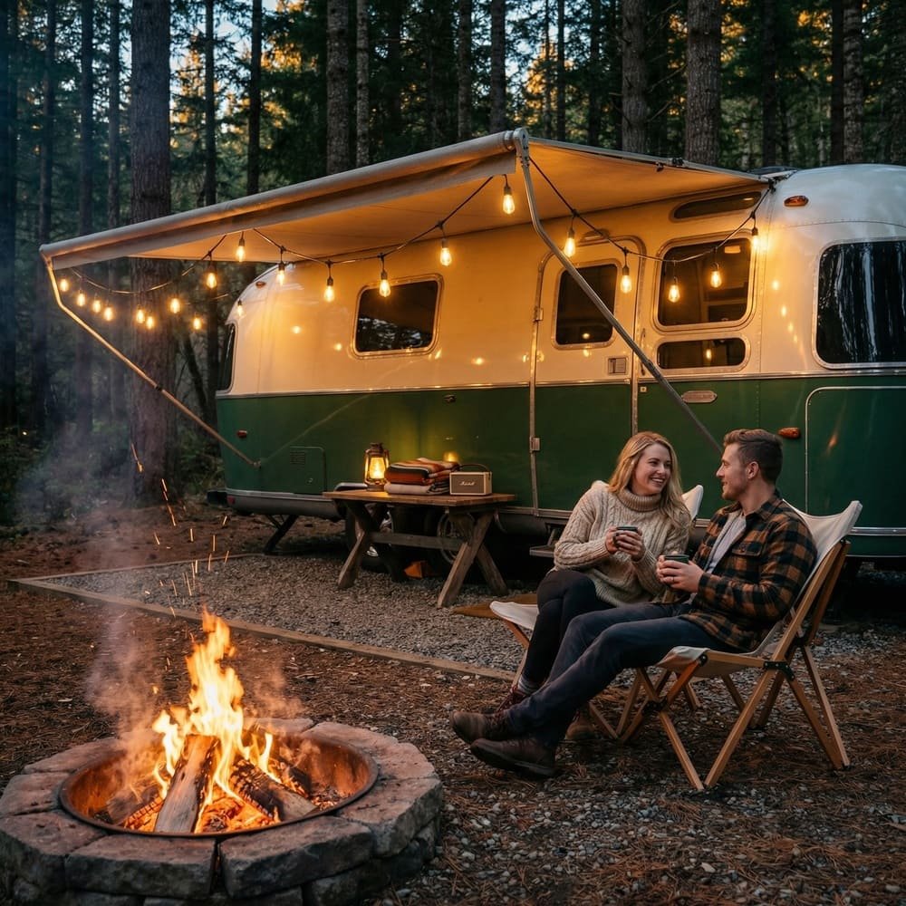 Waterproof outdoor string lights illuminating RV camper awning for cozy forest camping