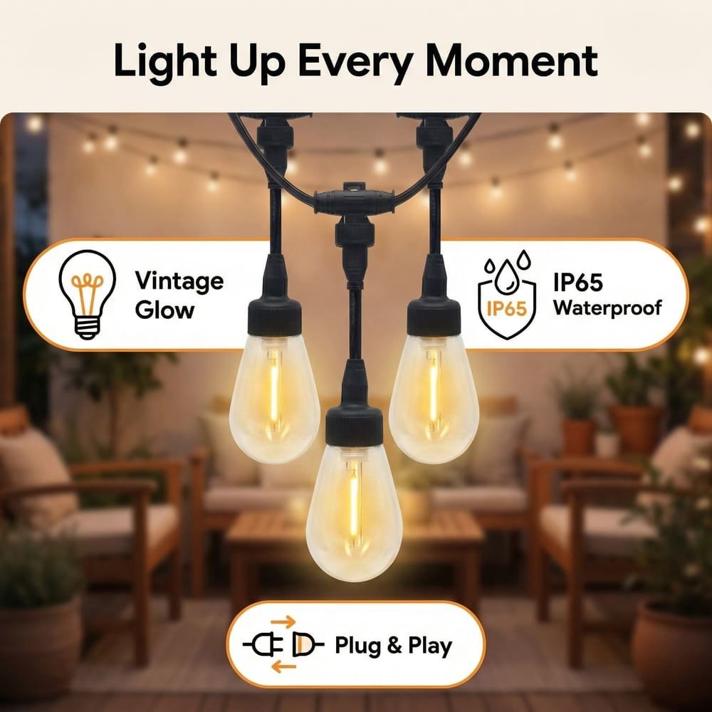 IP65 waterproof outdoor commercial string lights with vintage glow S14 bulbs for patio ambience