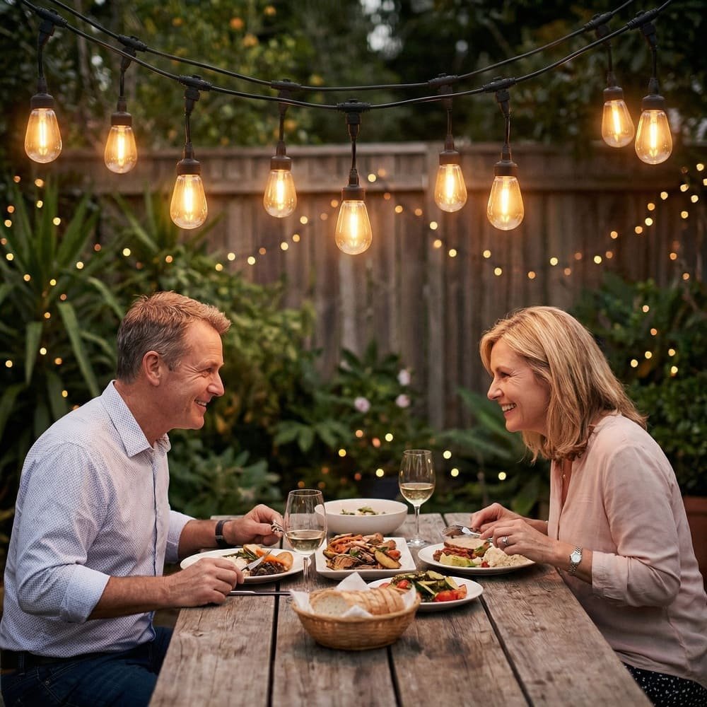 Decorative outdoor commercial string lights with S14 bulbs illuminating patio dining area
