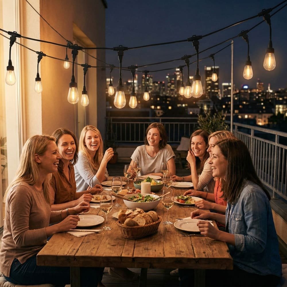 Commercial grade S14 string lights illuminating rooftop balcony dinner party with city skyline view