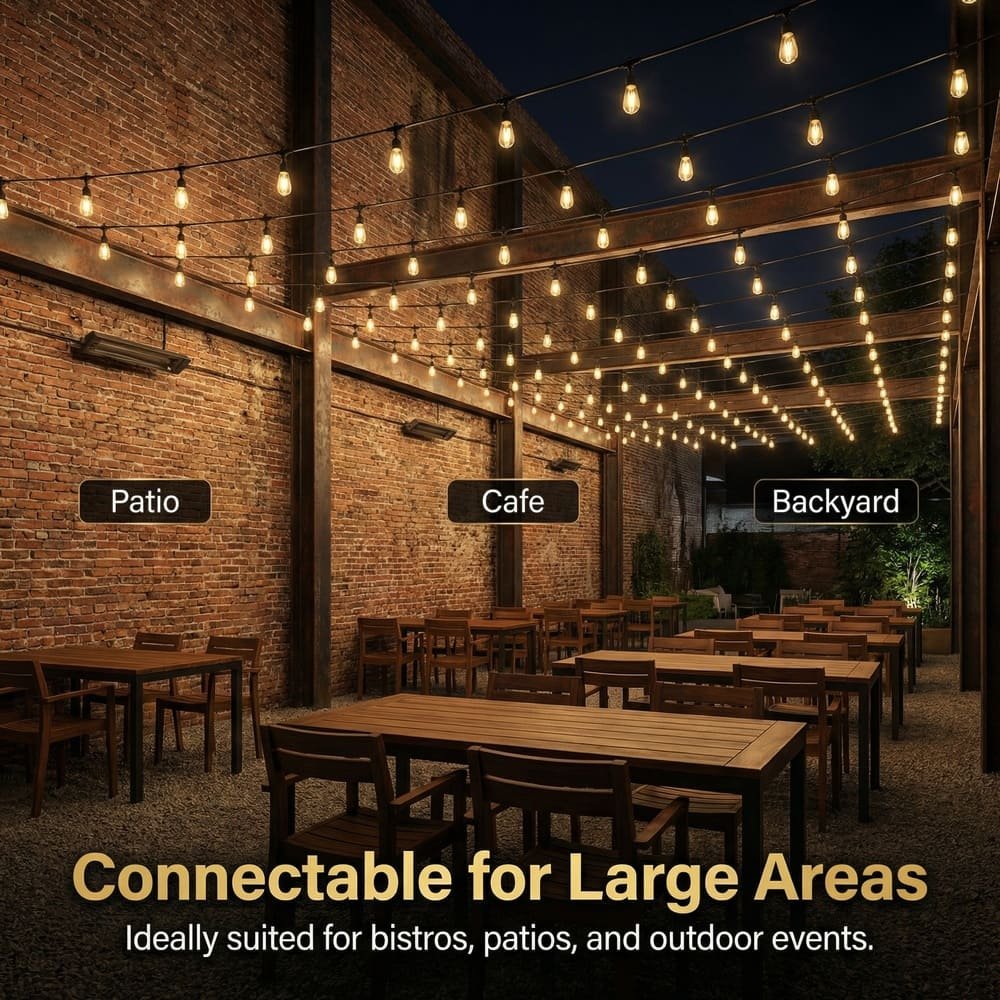 Connectable commercial outdoor string lights illuminating large patio and cafe bistro areas